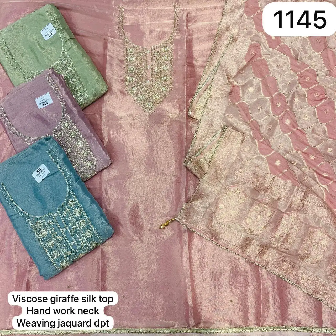 Viscose giraffe silk top
Hand work neck
Weaving jaquard dpt(Rs.1145 per piece: total 4 piece)