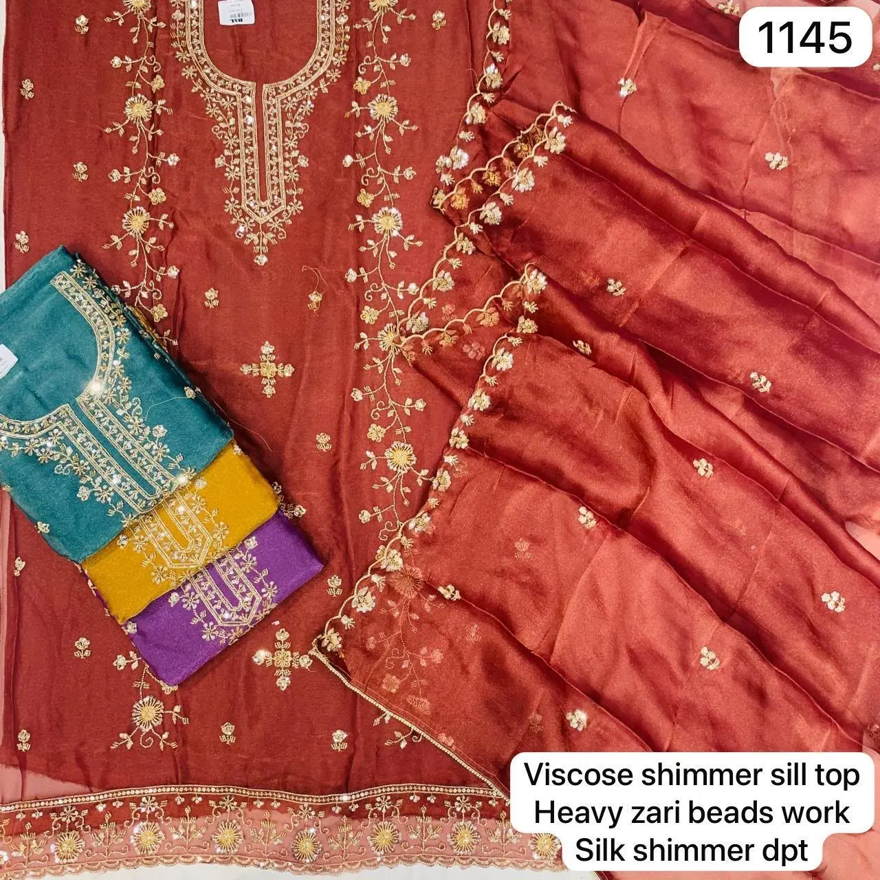 Viscose shimmer silk top
Heavy zari beads work
Silk shimmer dpt(Rs.1145 per piece: total 4 piece)