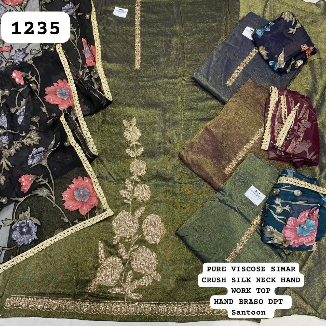 Pure viscose simar crush silk neck hand work top
Hand braso dpt
Santoon(Rs.1235 per piece:total 4 piece)