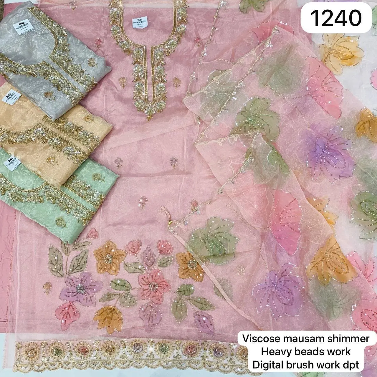 Viscose mausam shimmer
Heavy beads work
Digital brush work dpt(Rs.1240 per piece:total 4 piece)