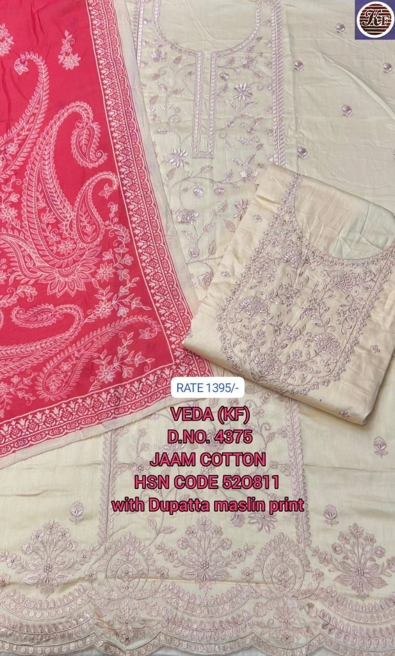 VEDA (KF)
D.NO. 4375
JAAM COTTON
HSN CODE 520811
with Dupatta maslin print(Rs.1395 per piece:total 2 piece )