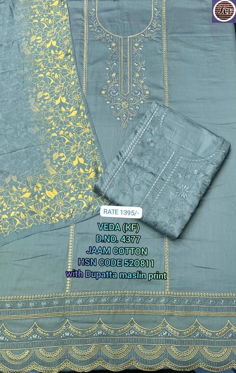 VEDA (KF)
D.NO. 4377
JAAM COTTON
HSN CODE 520811
with Dupatta maslin print(Rs.1395 per piece:total 2 piece)