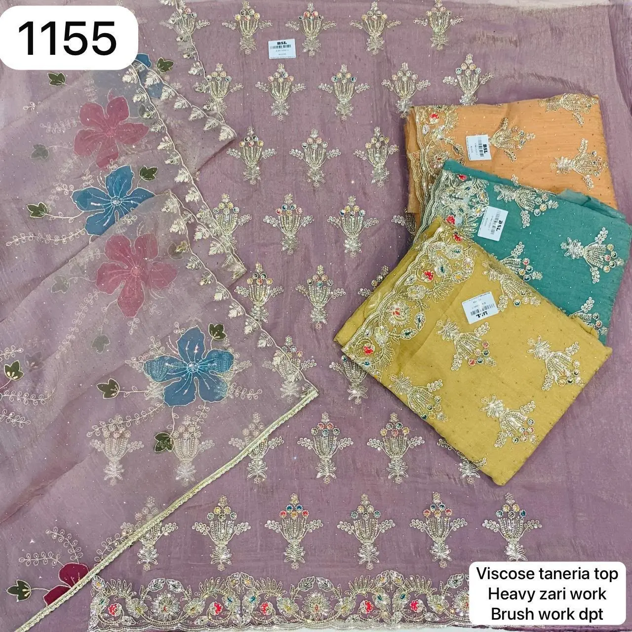 Viscose taneria top
Heavy zari work
Brush work dpt(Rs.1155 per piece:total 4 piece)