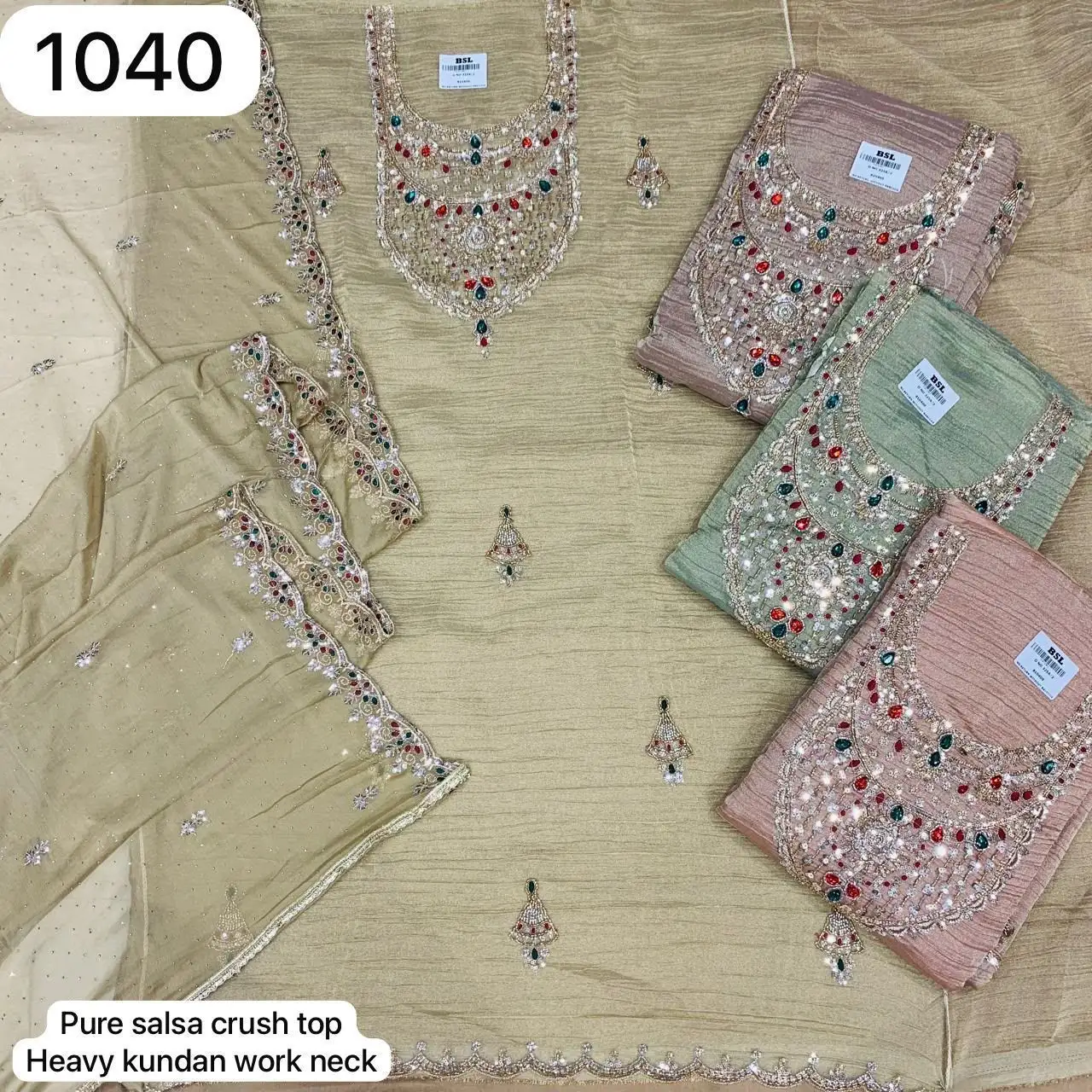 Pure salsa crush top
Heavy kundan work neck(Rs.1040 per piece:total 4 piece)