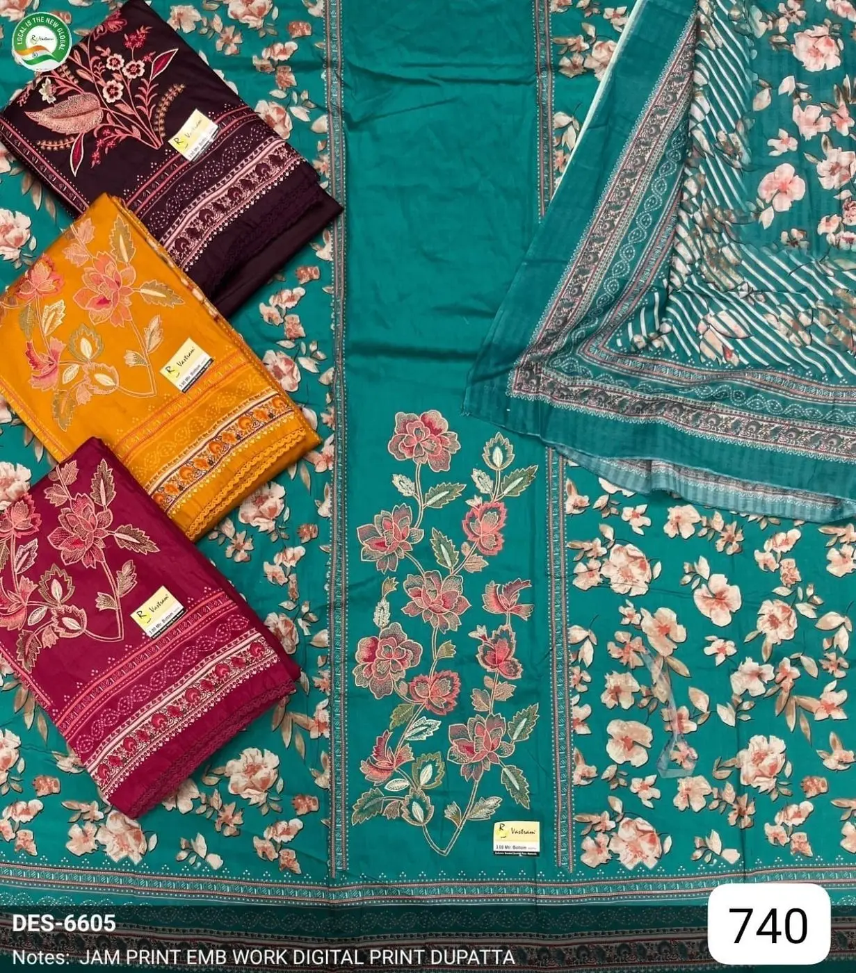 JAM PRINT EMB WORK DIGITAL PRINT DUPATTA(Rs.740 per piece: total 4 piece)