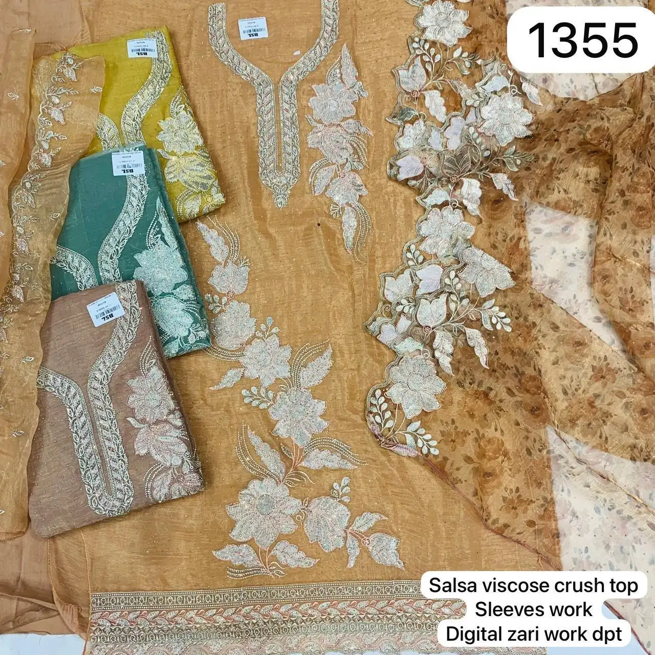 Salsa viscose crush top
Sleeves work
Digital zari work dpt(Rs.1355 per piece:total 4 piece)