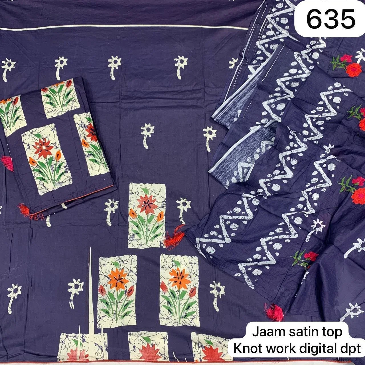 Jaam satin top
Knot work digital dpt(Rs.635 per piece:total 2 piece)