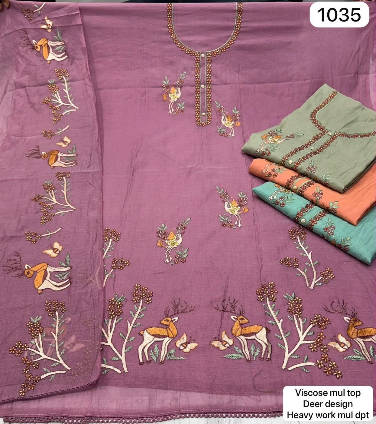Viscose mul top
Deer design
Heavy work mul dpt(Rs.1035 per piece:total 4 piece)
