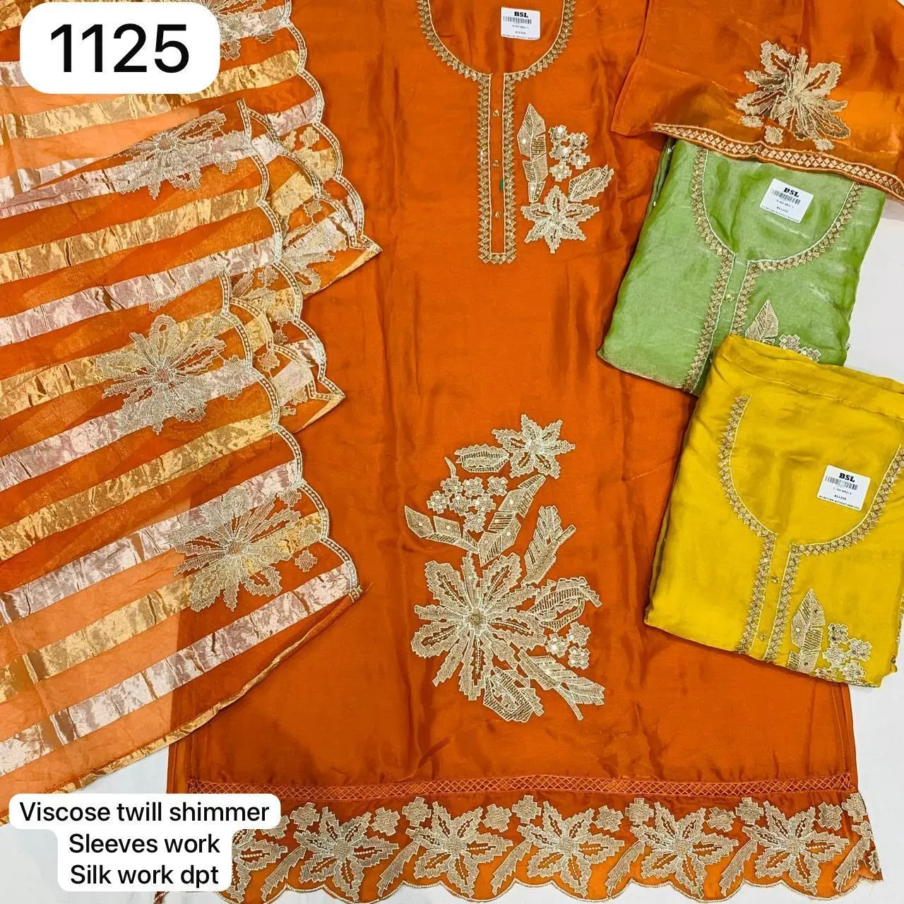 Viscose twill shimmer
Sleeves work
Silk work dpt(Rs.1125 per piece:total 3 piece)