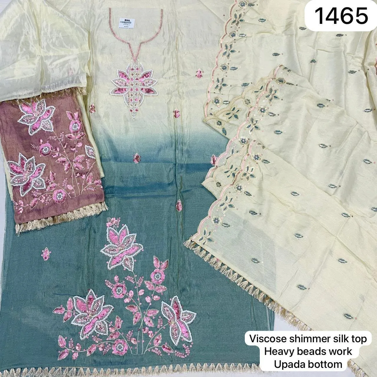 Viscose shimmer silk top
Heavy beads work
Upada bottom(Rs.1465 per piece:total 2 piece)