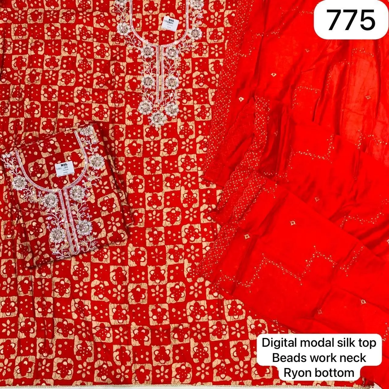 Digital modal silk top
Beads work neck
Ryon bottom(Rs.775per piece:total 2 piece)