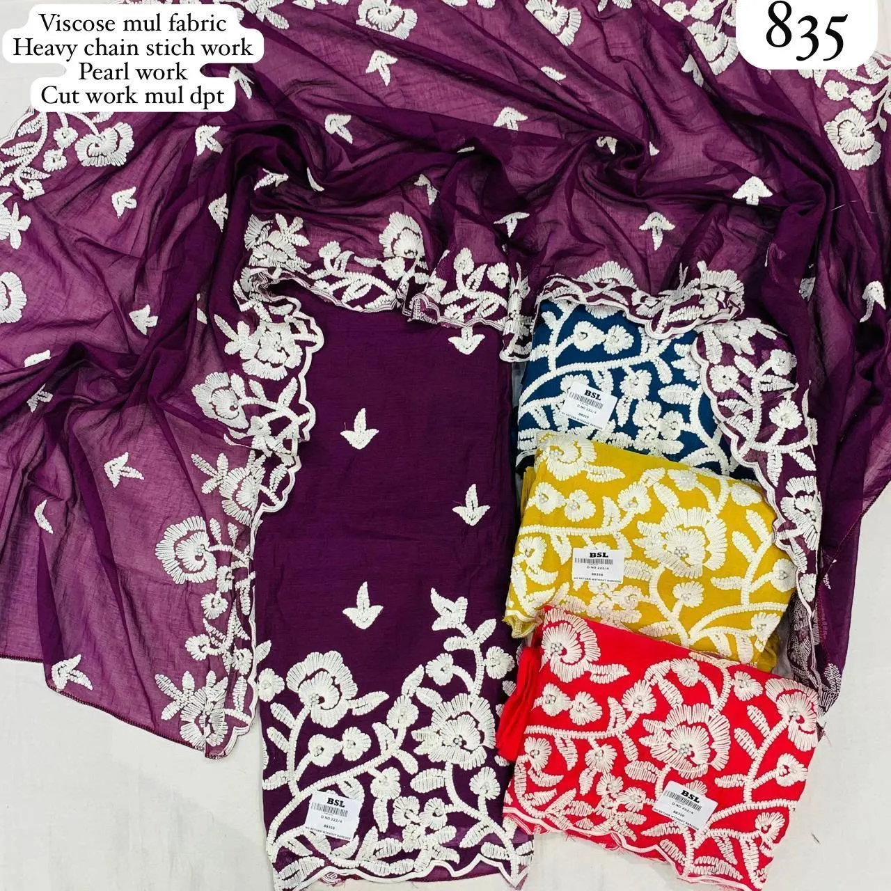Fabric: Viscose Mul Fabric
Work: Heavy Chain Stitch Work, Pearl Work
Dupatta: Cut Work Mul Dupatta(Rs.835 per piece:total 4 piece)