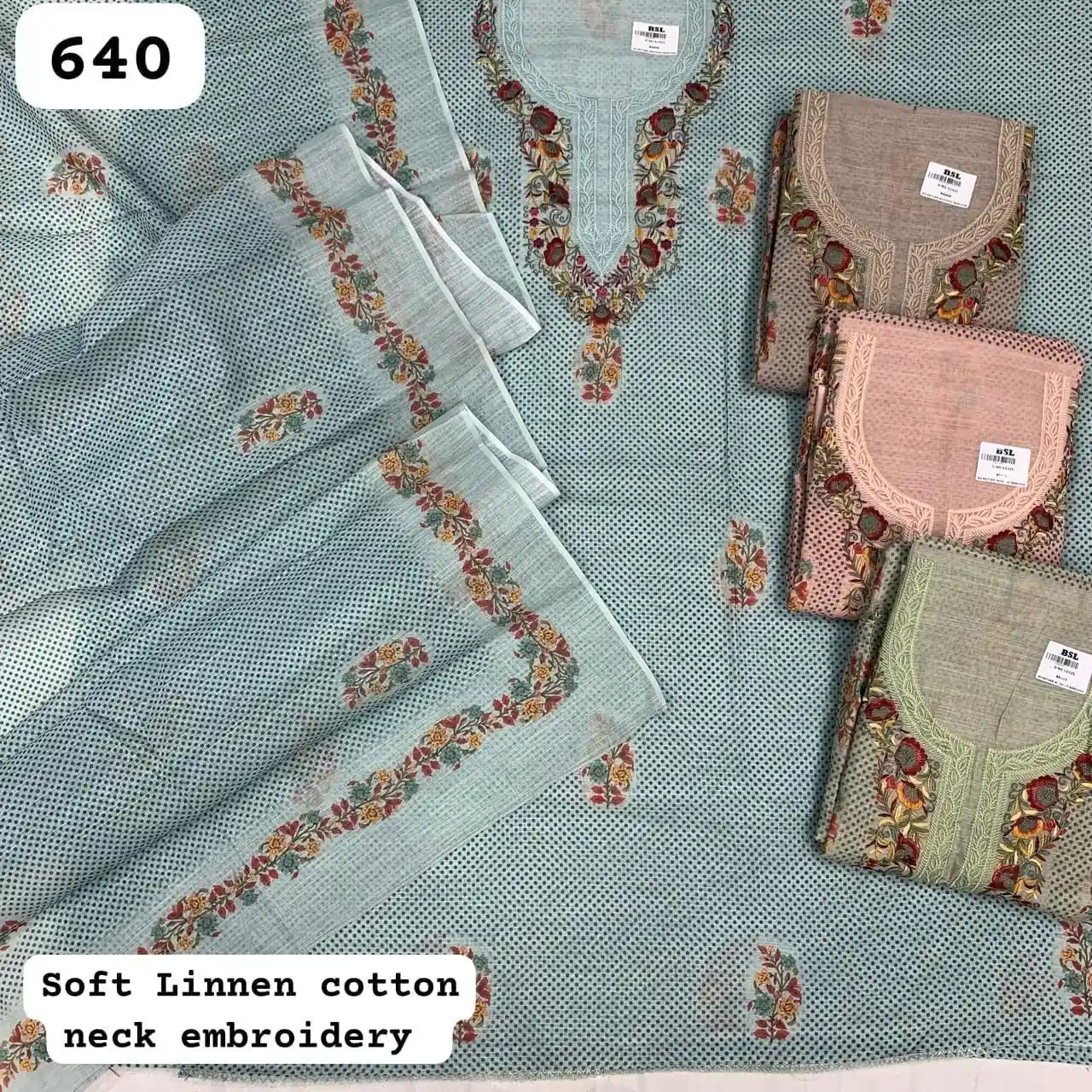 Fabric: Soft Linen Cotton
Work: Neck Embroidery(Rs.640 per piece: total 4 piece)