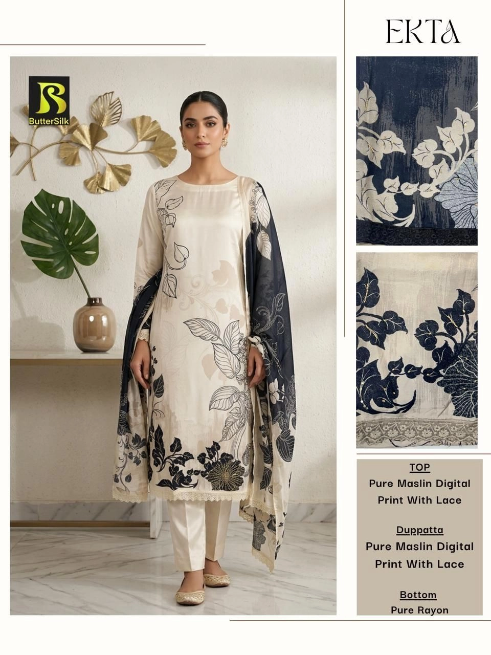 TOP
Pure Maslin Digital Print With Lace
Dupatta
Pure Maslin Digital Print With Lace
Bottom
Pure Rayon(Rs.1055 per piece: total 2 piece)