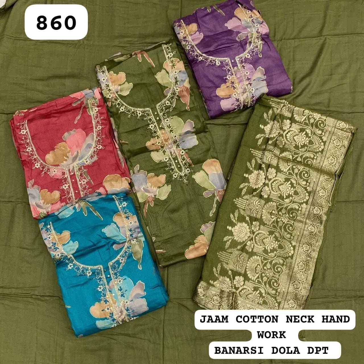 JAAM COTTON NECK HAND WORK
BANARSI DOLA DPT(Rs.860 per piece: total 4 piece)