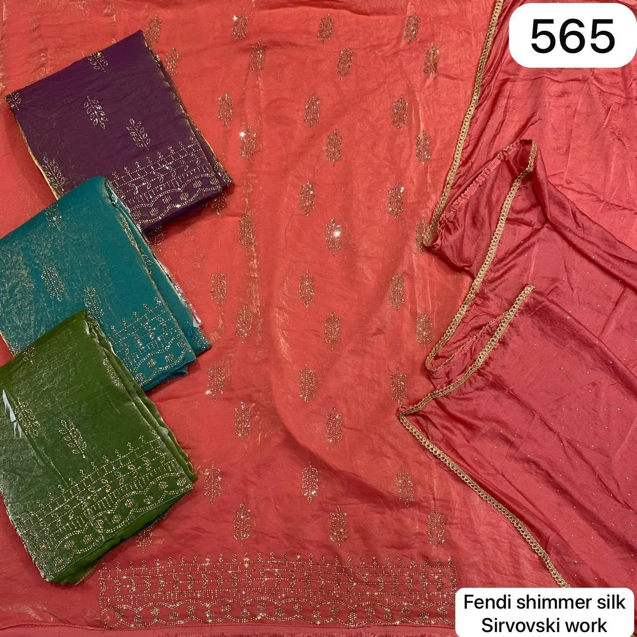 Fendi shimmer silk
Sirvosvki work(Rs.565 per piece: total 4 piece)