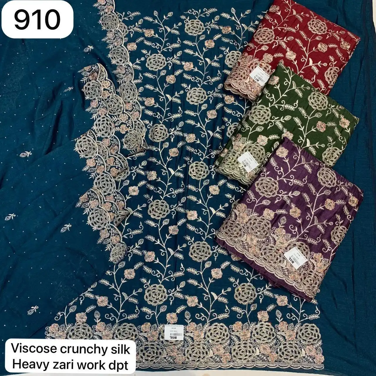 Viscose crunchy silk
Heavy zari work dpt(Rs. 910 per piece: total 4 piece)
