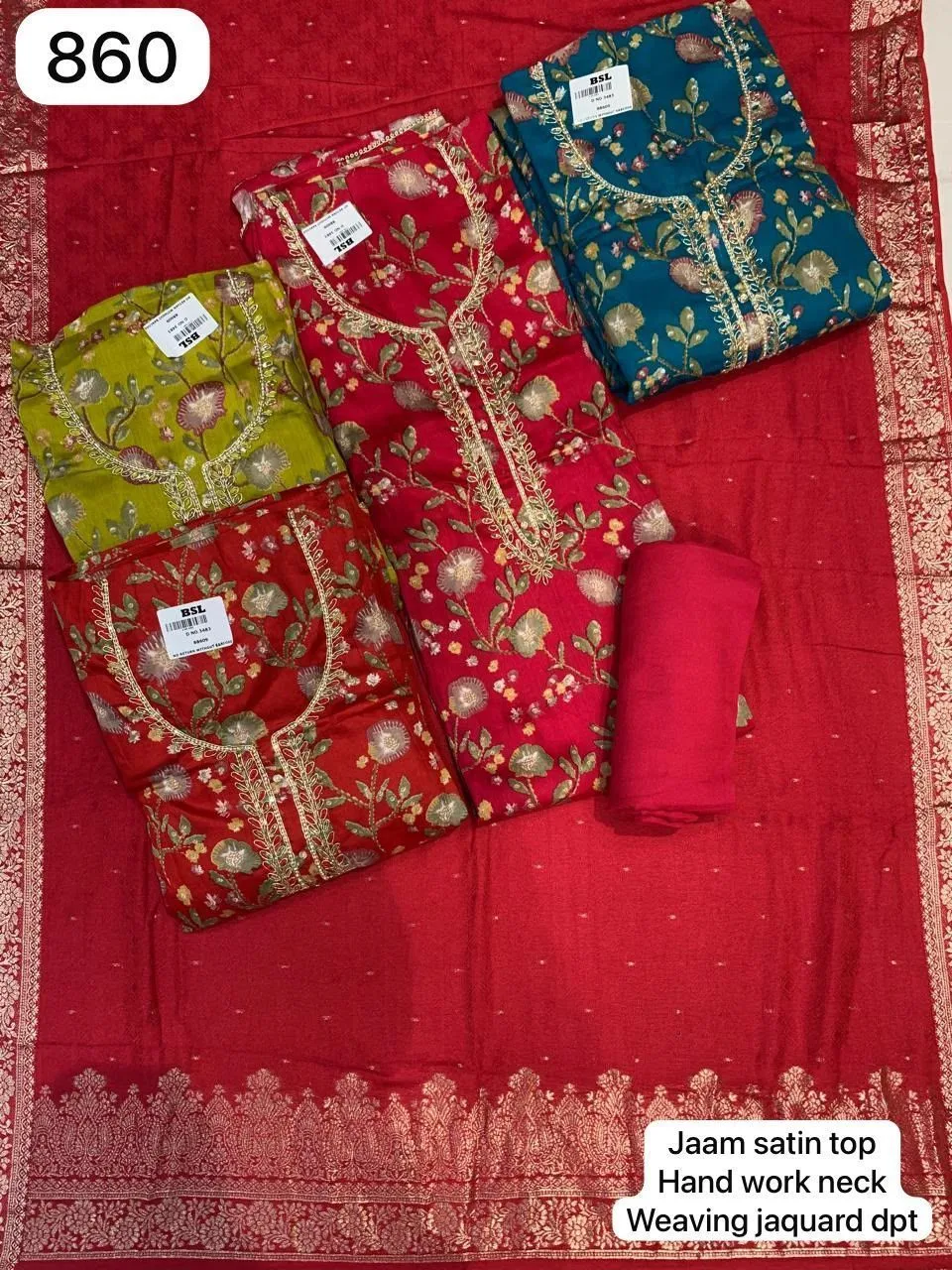 Jaam satin top
Hand work neck
Weaving jaquard dpt(Rs. 860 per piece: total 4 piece)