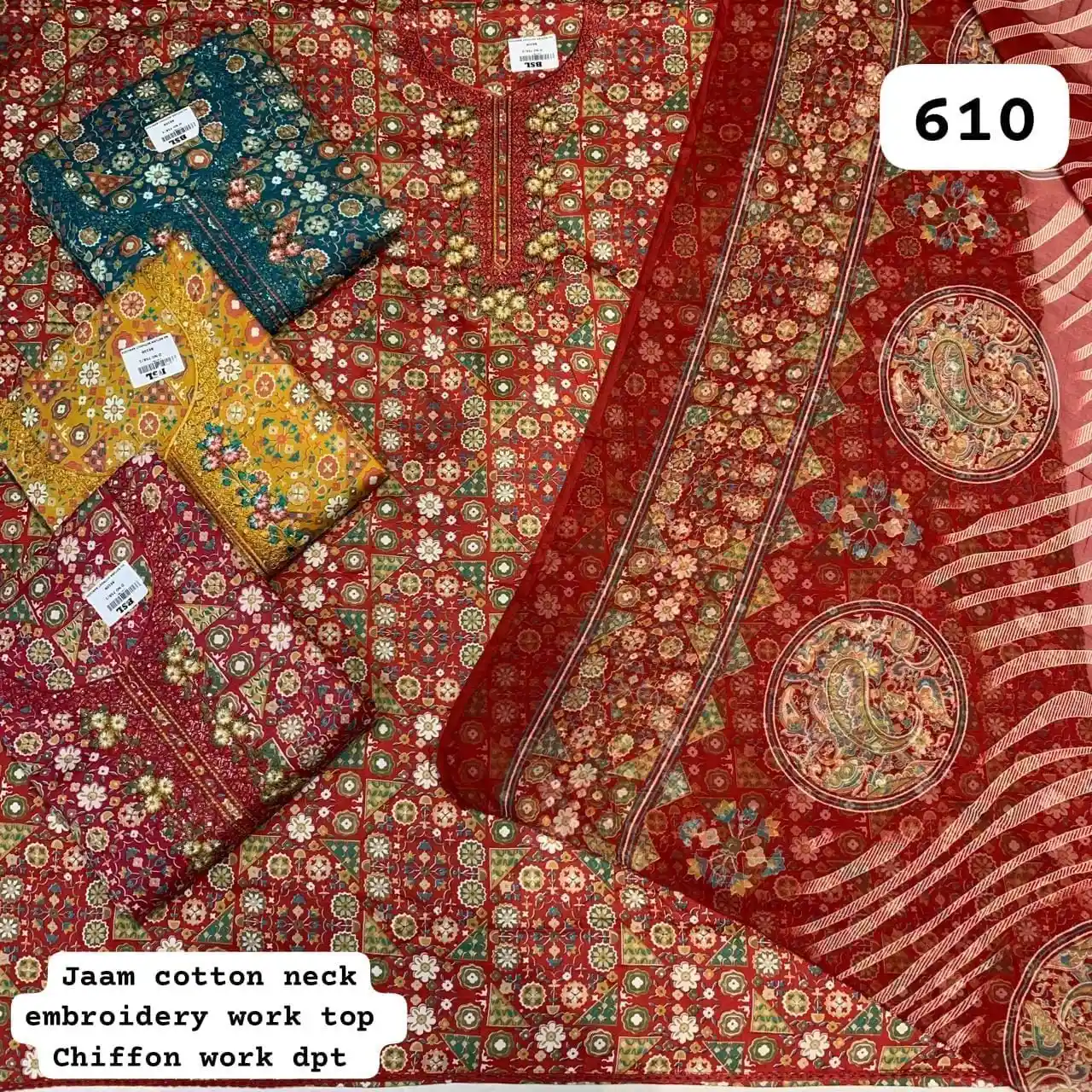 Jaam cotton neck
embroidery work top
Chiffon work dpt(Rs.610 per piece: total 4 piece)