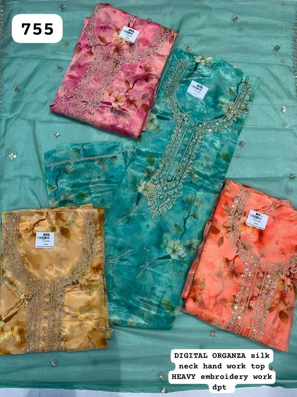 DIGITAL ORGANZA silk
neck hand work top
HEAVY embroidery work
dpt(Rs.755 per piece: total 4 piece)