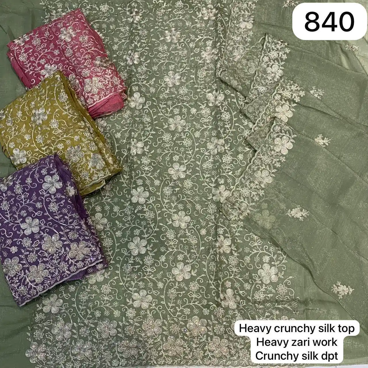 Heavy crunchy silk top
Heavy zari work
Crunchy silk dpt(Rs. 840 per piece: total 4 piece)