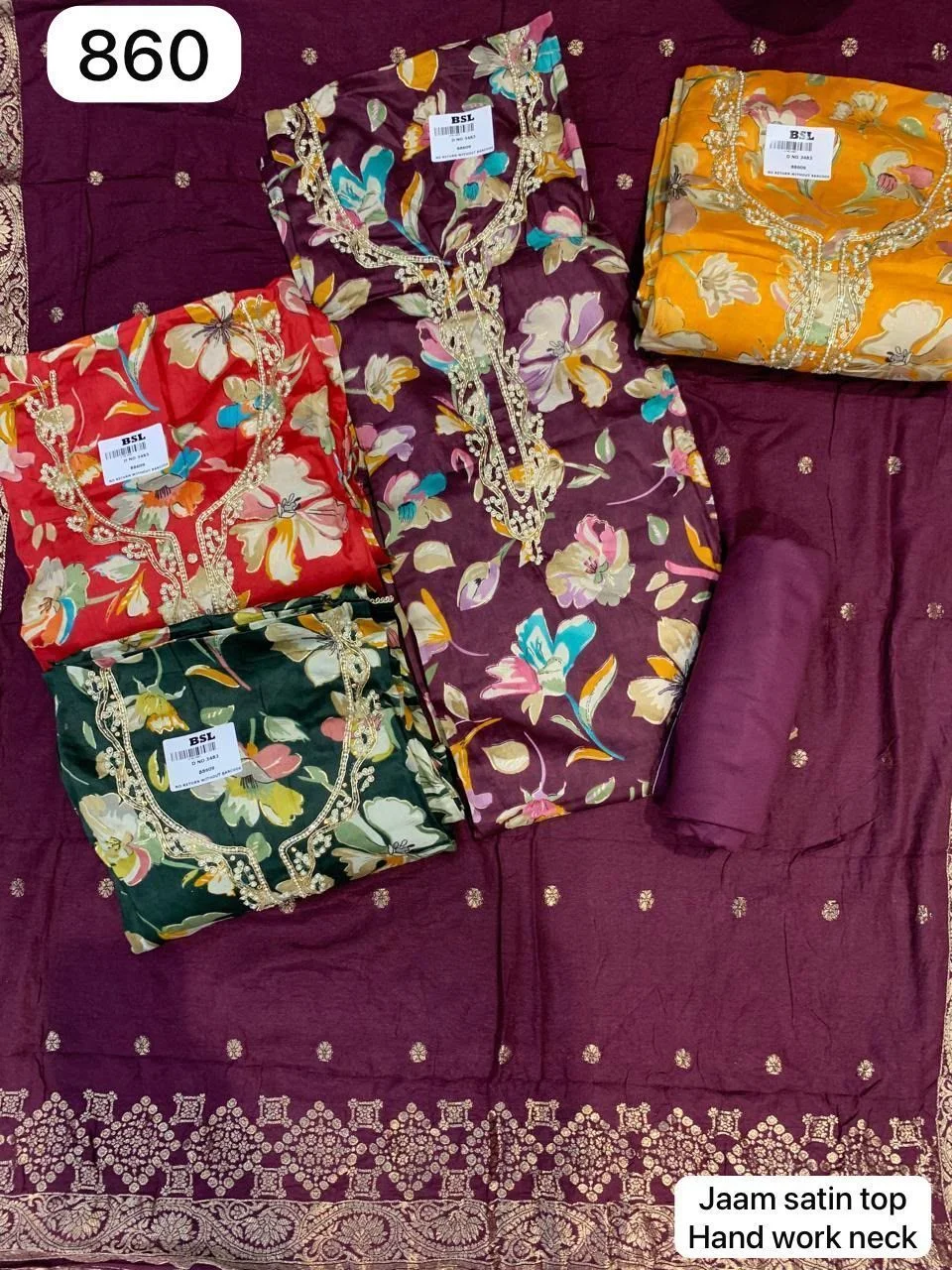 Jaam satin top
Hand work neck(Rs.860 per piece: total 4 piece)