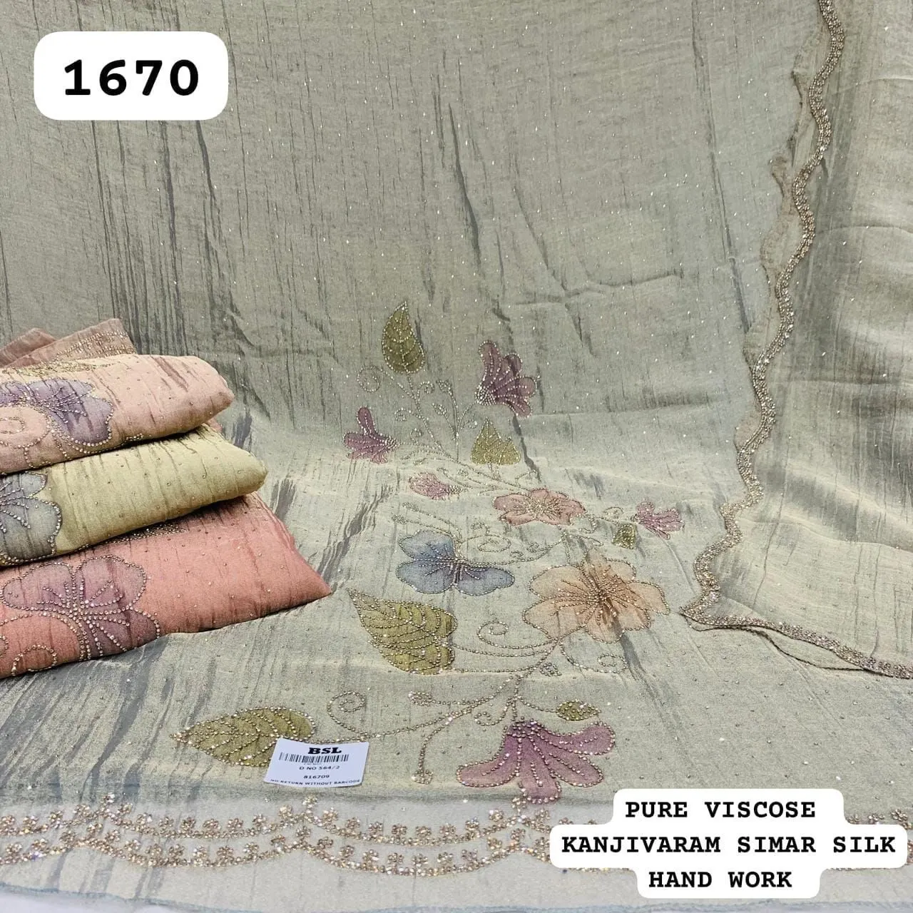 PURE VISCOSE
KANJIVARAM SIMAR SILK
HAND WORK(Rs.1670 per piece: total 4 piece)