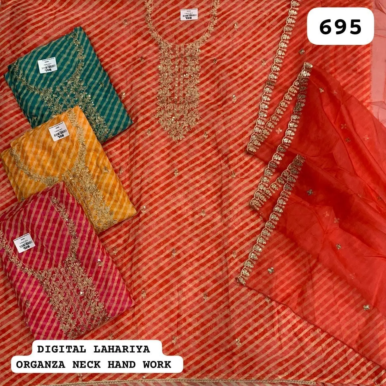 DIGITAL LAHARIYA
ORGANZA NECK HAND WORK(Rs. 695 per piece: total 4 piece)