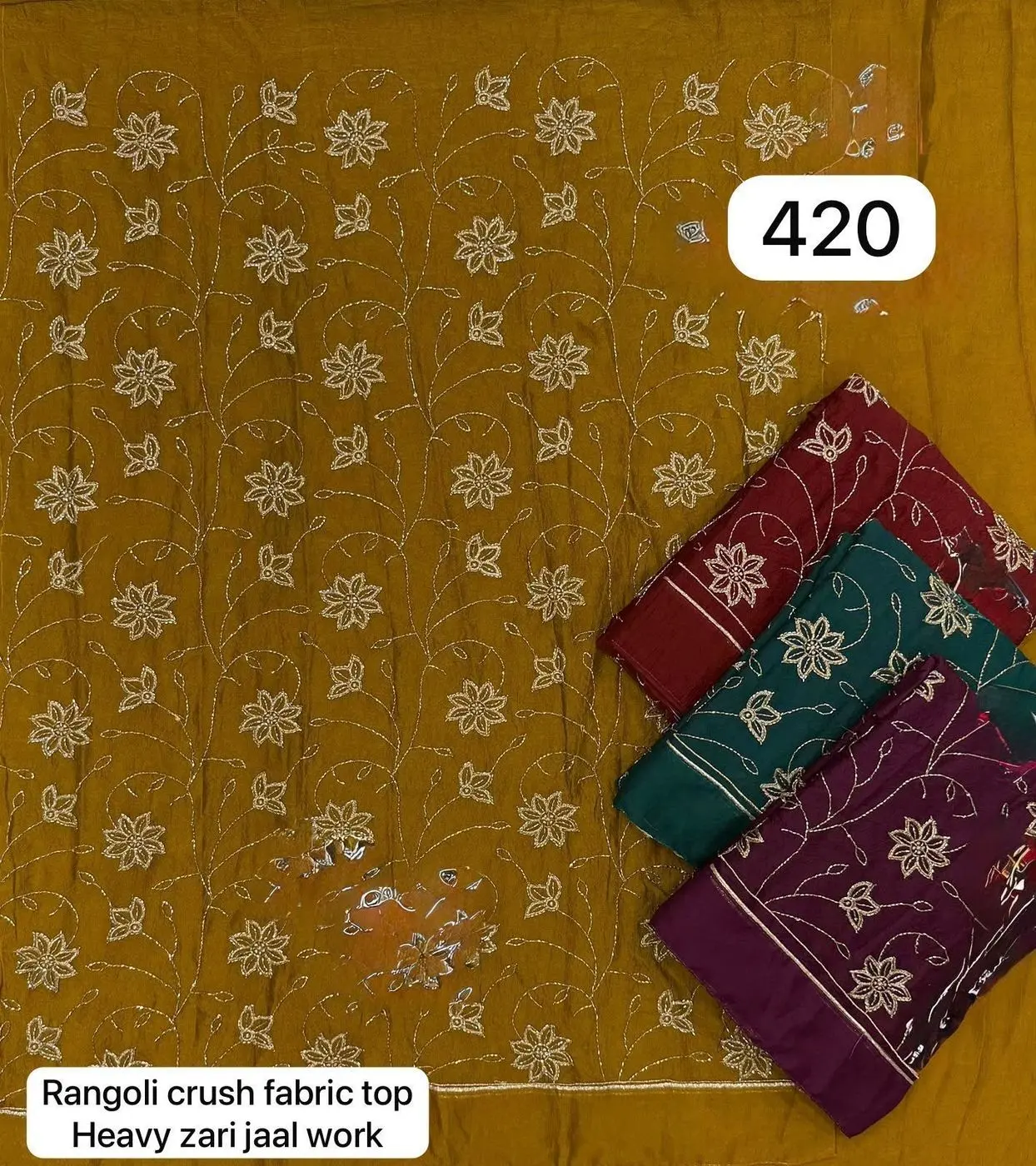 Rangoli crush fabric top
Heavy zari jaal work(Rs.420 per piece: total 4 piece)