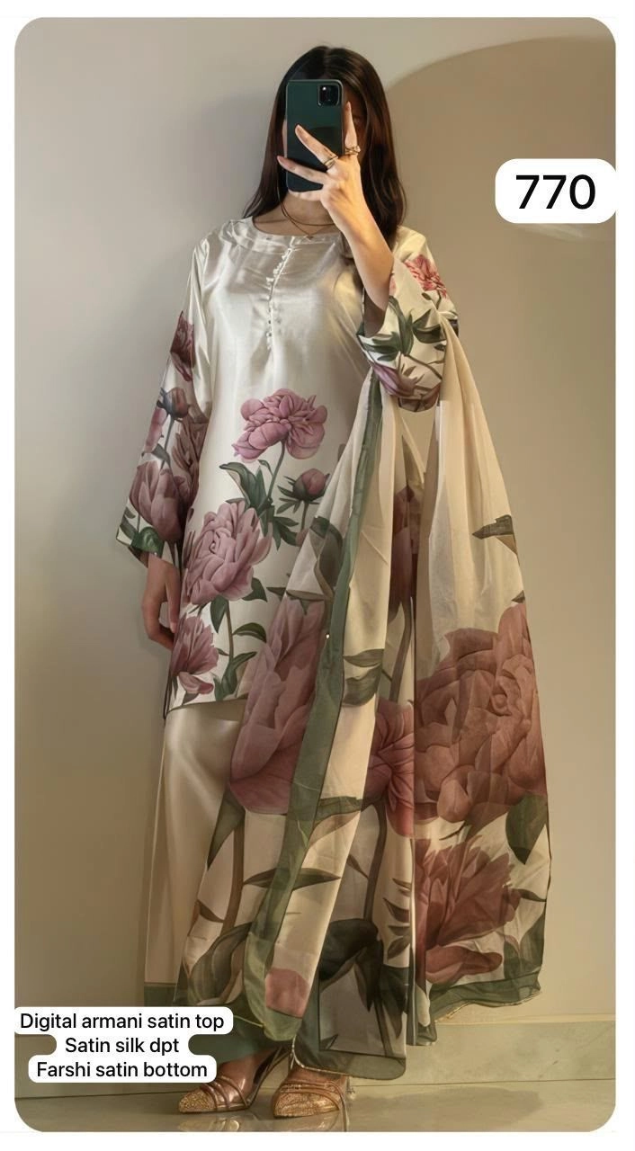 Digital Armani Satin Top
Satin Silk Dpt
Farshi Satin Bottom(Rs.770 per piece: total 7 piece) 3
