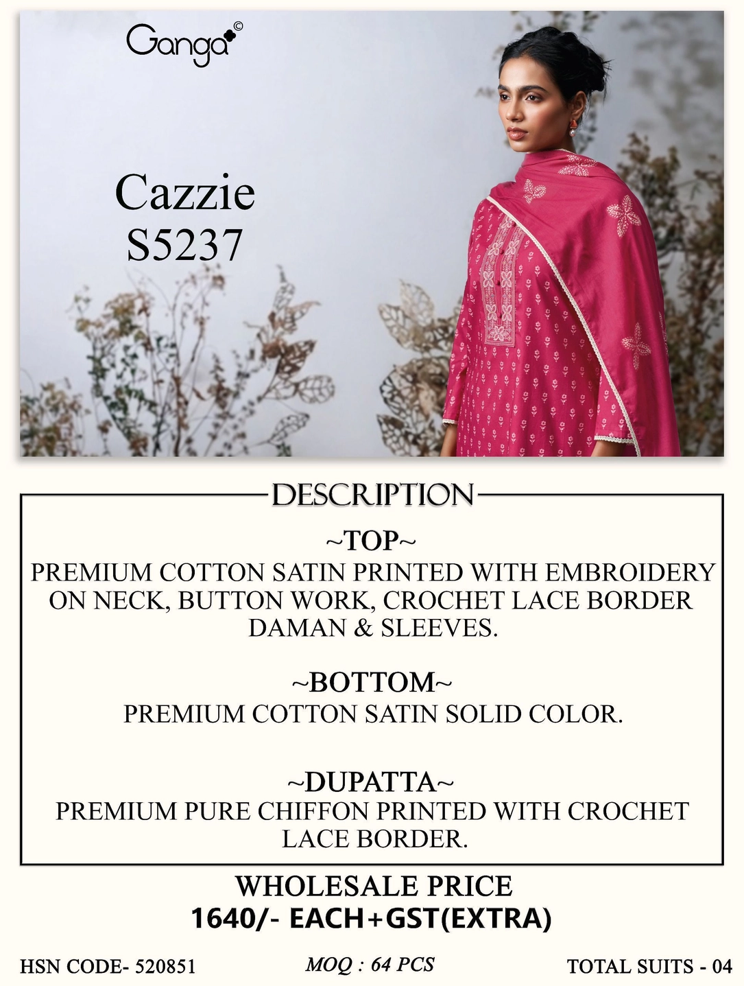 Ganga-Cazzie
S5237(Rs.1640 per piece: total 4 piece) 10