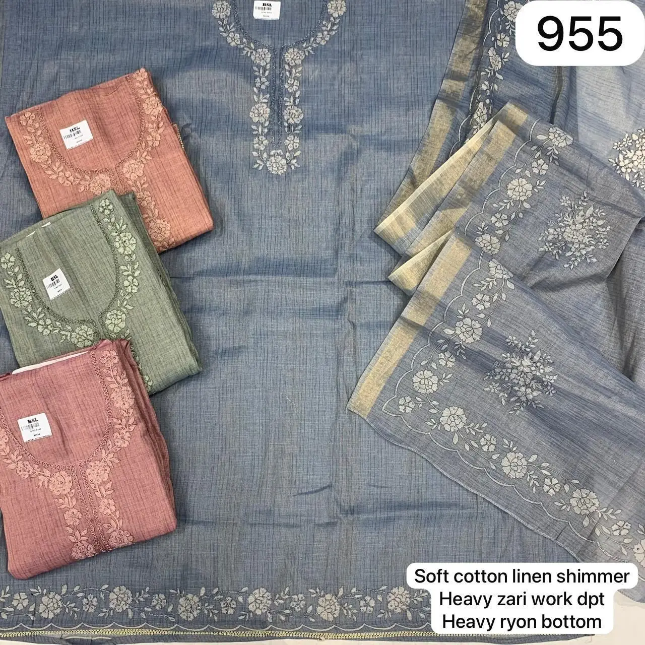 Soft cotton linen shimmer
Heavy zari work dpt
Heavy ryon bottom(Rs.955 per piece: total 4 piece)