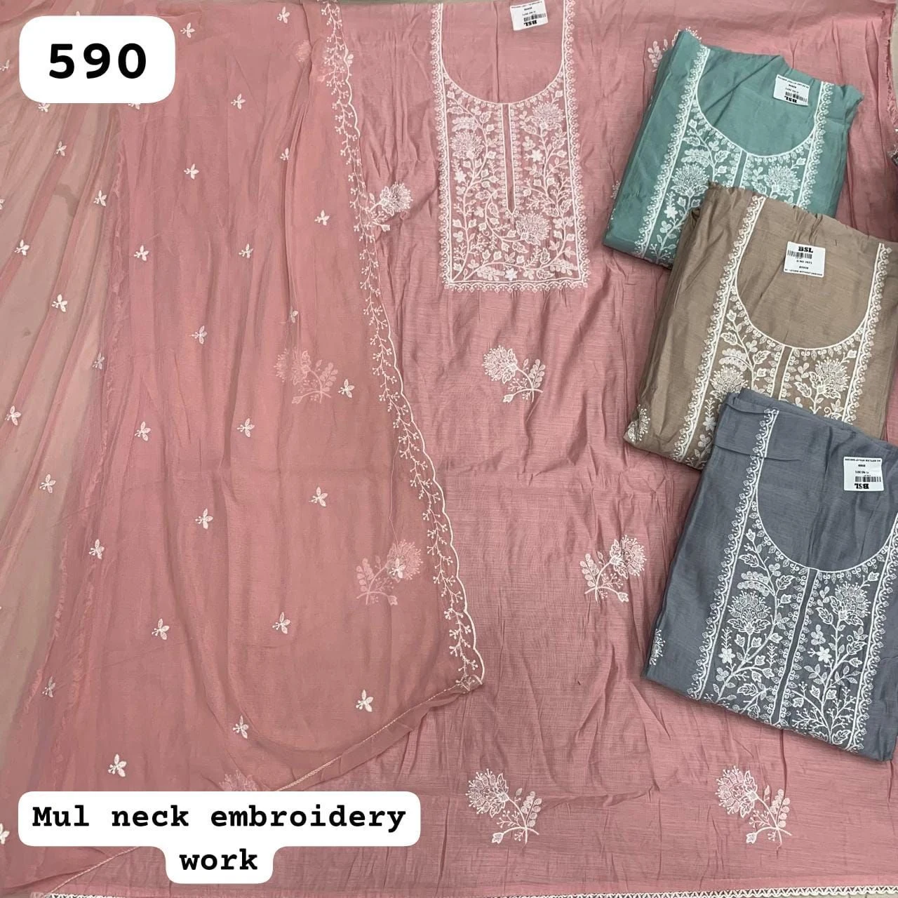 Mul neck embroidery work(Rs.590 per piece: total 4 piece)