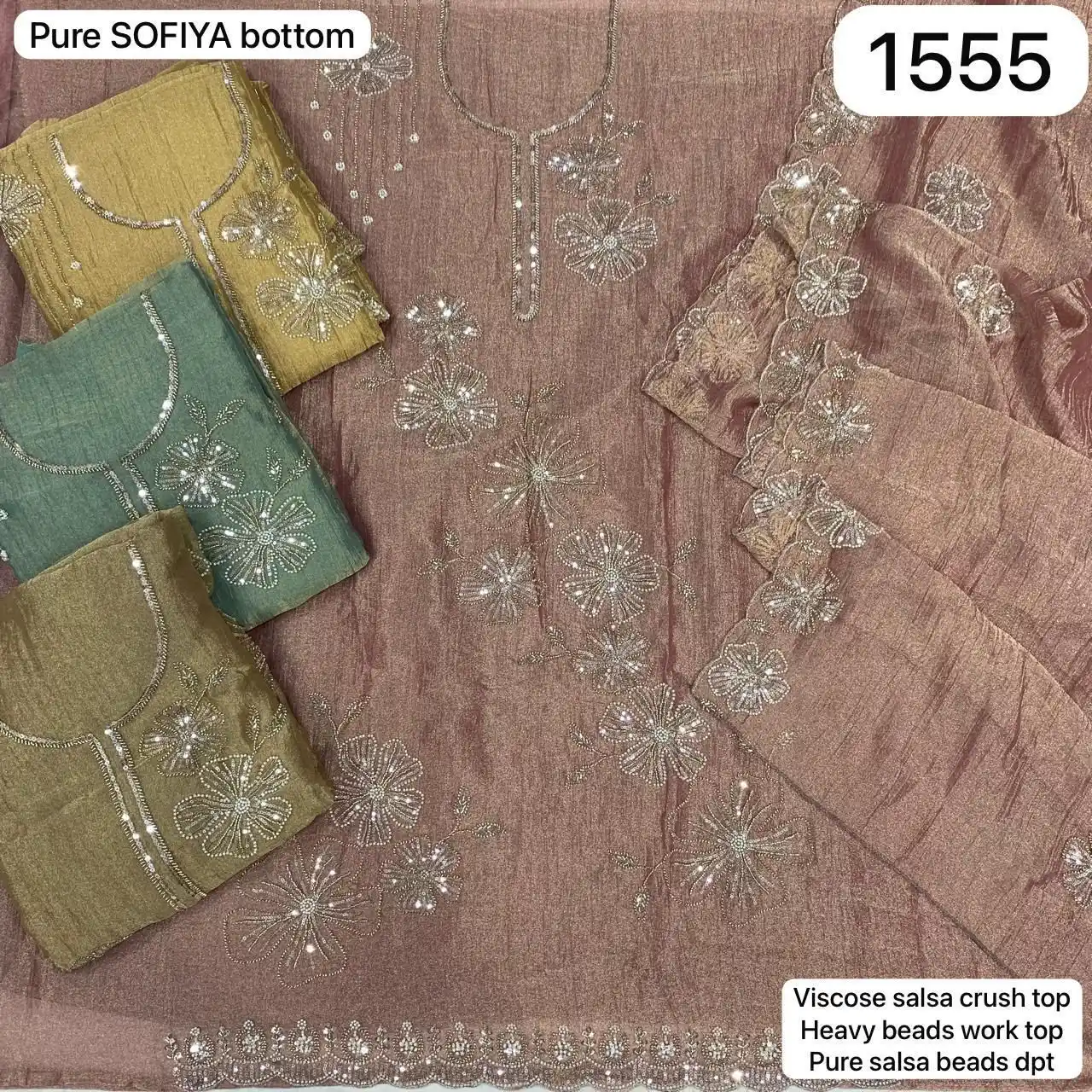 Pure SOFIYA bottom
Viscose salsa crush top
Heavy beads work top
Pure salsa beads dpt(Rs.1555 per piece: total 4 piece)