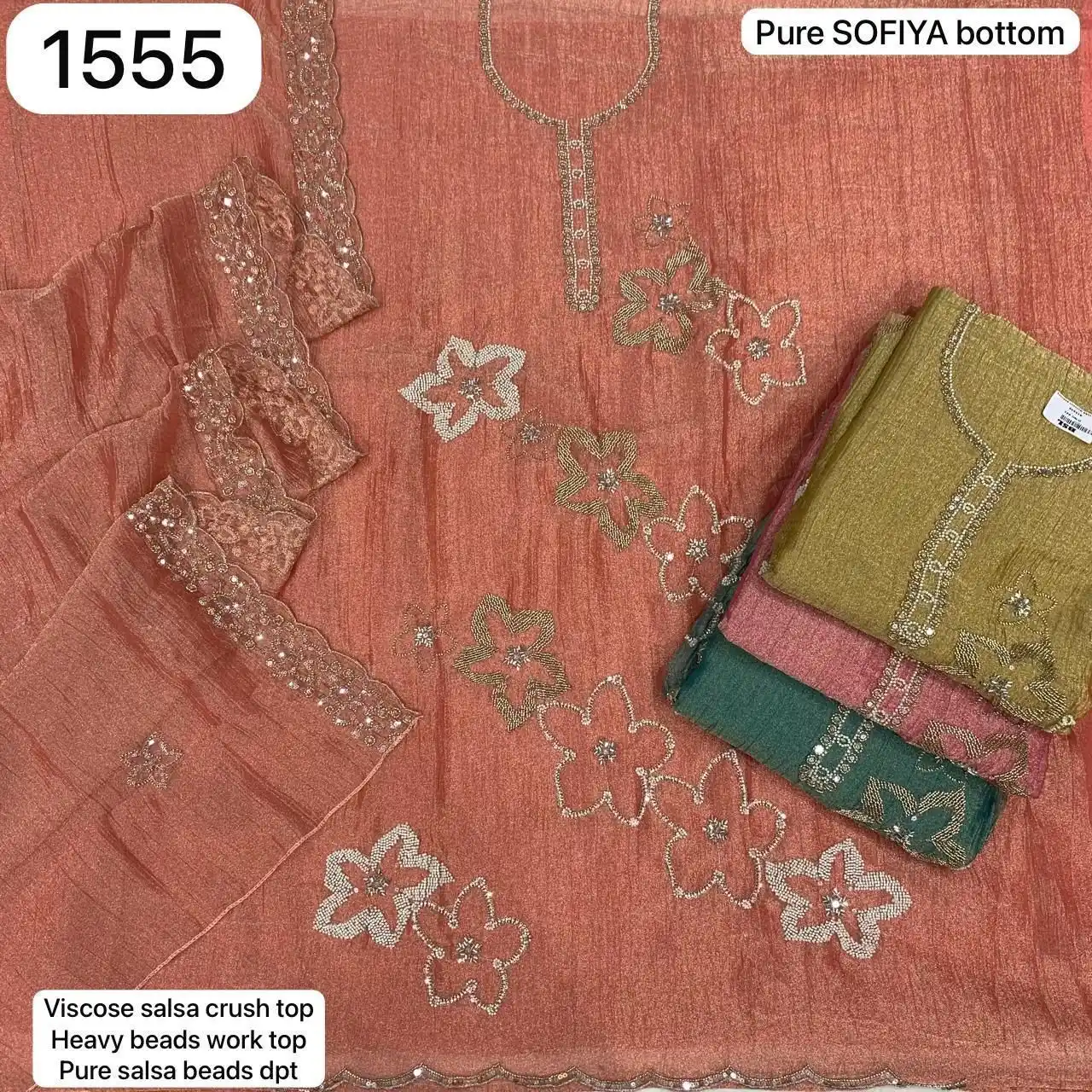 Pure SOFIYA bottom
Viscose salsa crush top
Heavy beads work top
Pure salsa beads dpt(Rs.1555 per piece: total 4 piece)