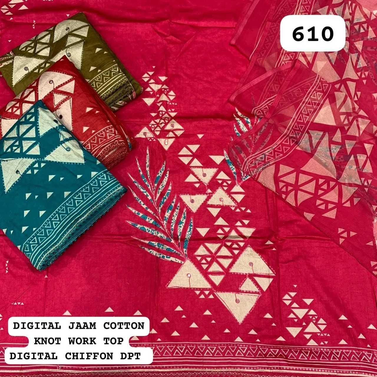 DIGITAL JAAM COTTON
KNOT WORK TOP
DIGITAL CHIFFON DPT(Rs.610 per piece: total 4 piece)