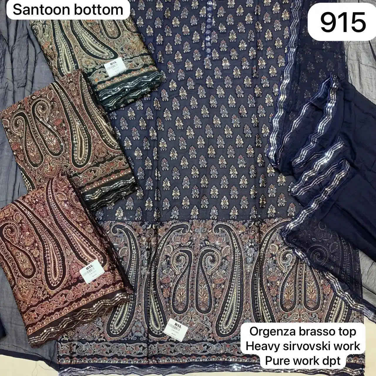 Organza brasso top
Heavy sirvoski work
Pure work dpt(Rs.915 per piece: total 4 piece)