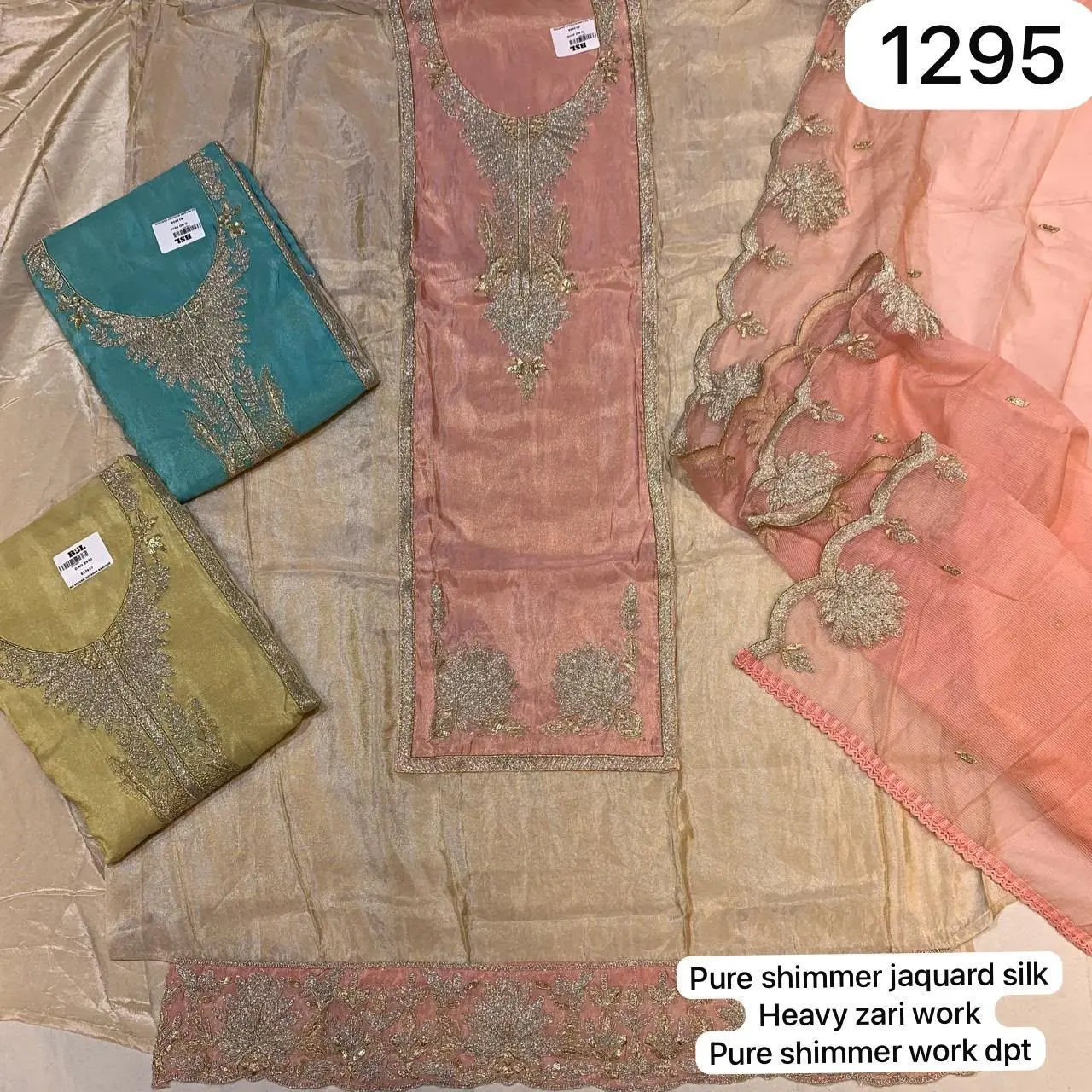 Pure shimmer jaquard silk
Heavy zari work
Pure shimmer work dpt(Rs.1295 per piece: total 3 piece)