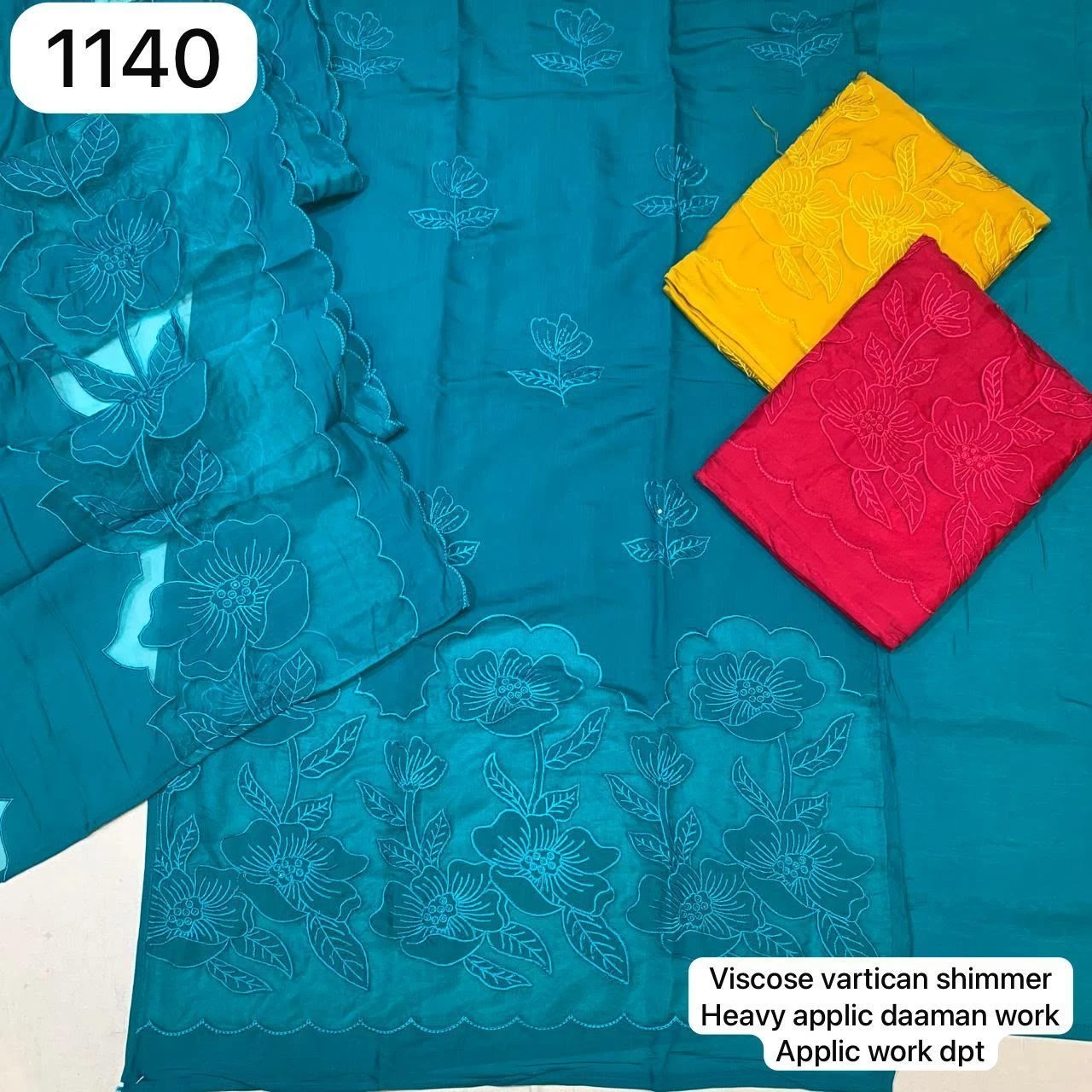 Viscose vartican shimmer
Heavy applic daaman work
Applic work dpt(Rs.1140 per piece: total 3 piece)