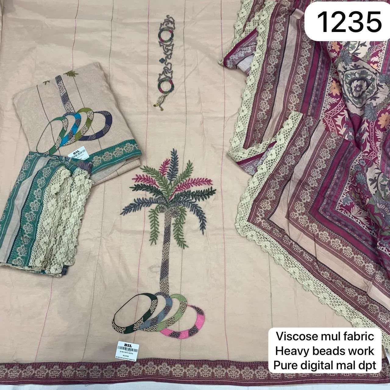 Viscose mul fabric
Heavy beads work
Pure digital mal dpt(Rs.1235 per piece: total 2 piece)