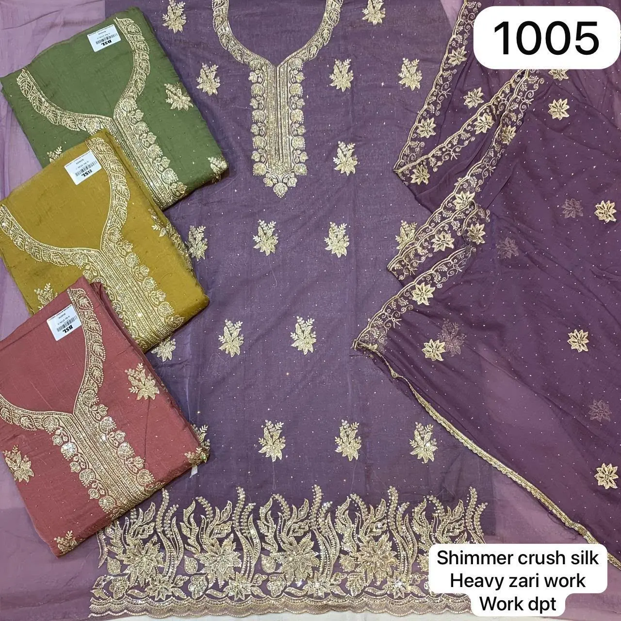 Shimmer crush silk
Heavy zari work
Work dpt(Rs.1005 per piece: total 4 piece)