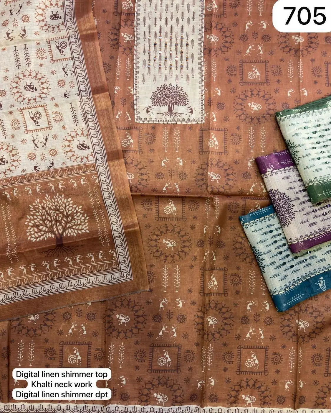 Digital linen shimmer top
Khalti neck work
Digital linen shimmer dpt(Rs.705 per piece: total 4 piece)