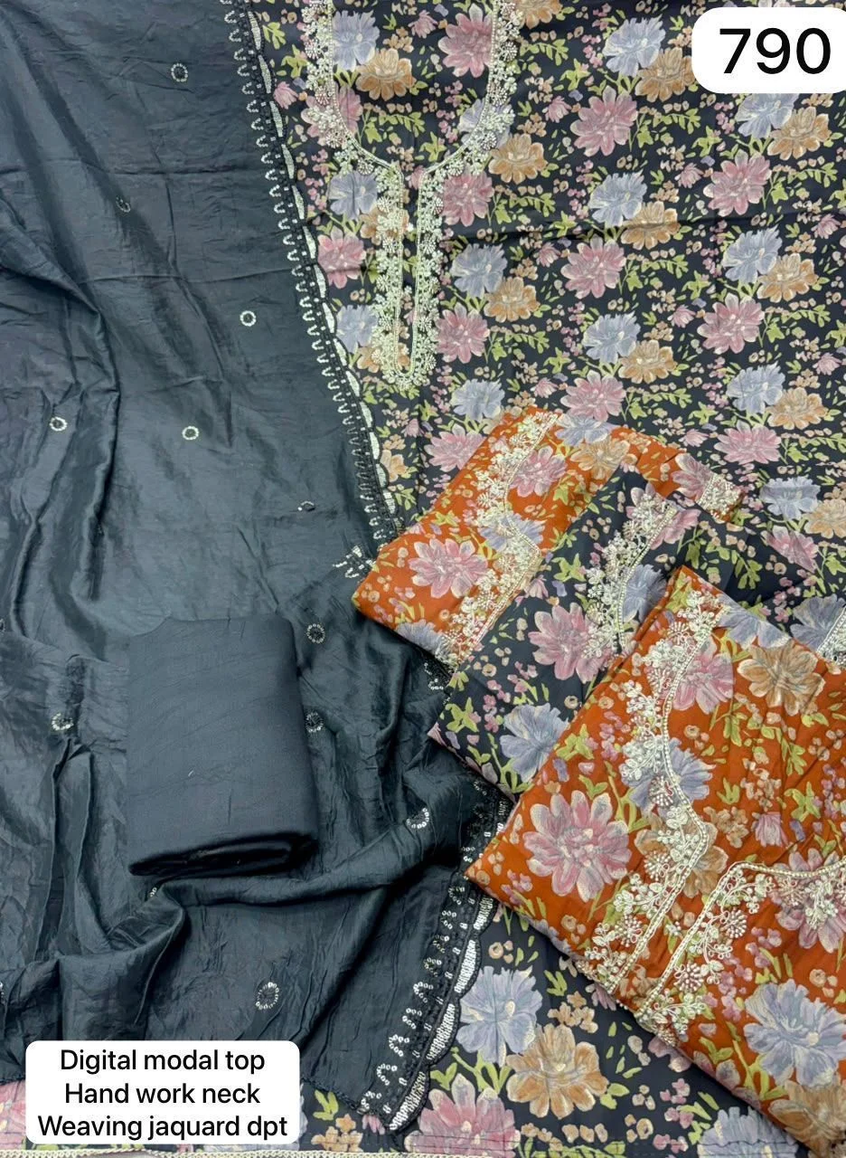 Digital modal top
Hand work neck
Weaving jaquard dpt(Rs.790 per piece: total 4 piece)
