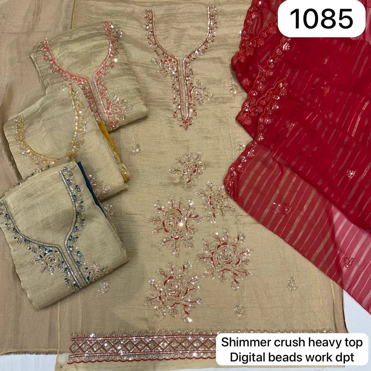 Shimmer crush heavy top
Digital beads work dpt(Rs.1085 per piece: total 4 piece)