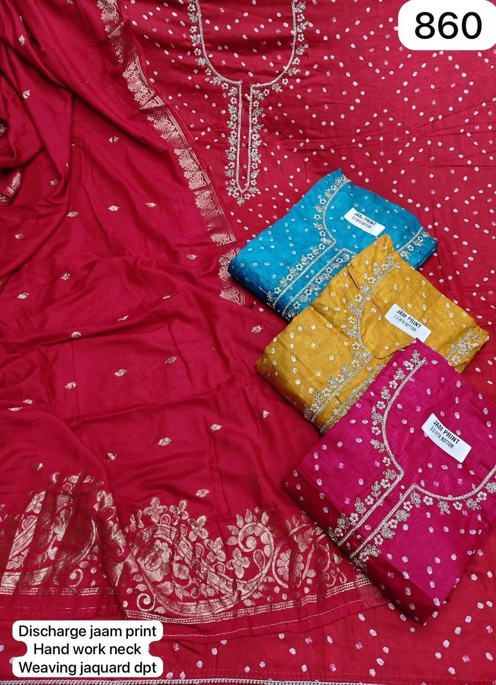 Discharge jaam print
Hand work neck
Weaving jacquard dpt(Rs.860 per piece: total 4 piece)