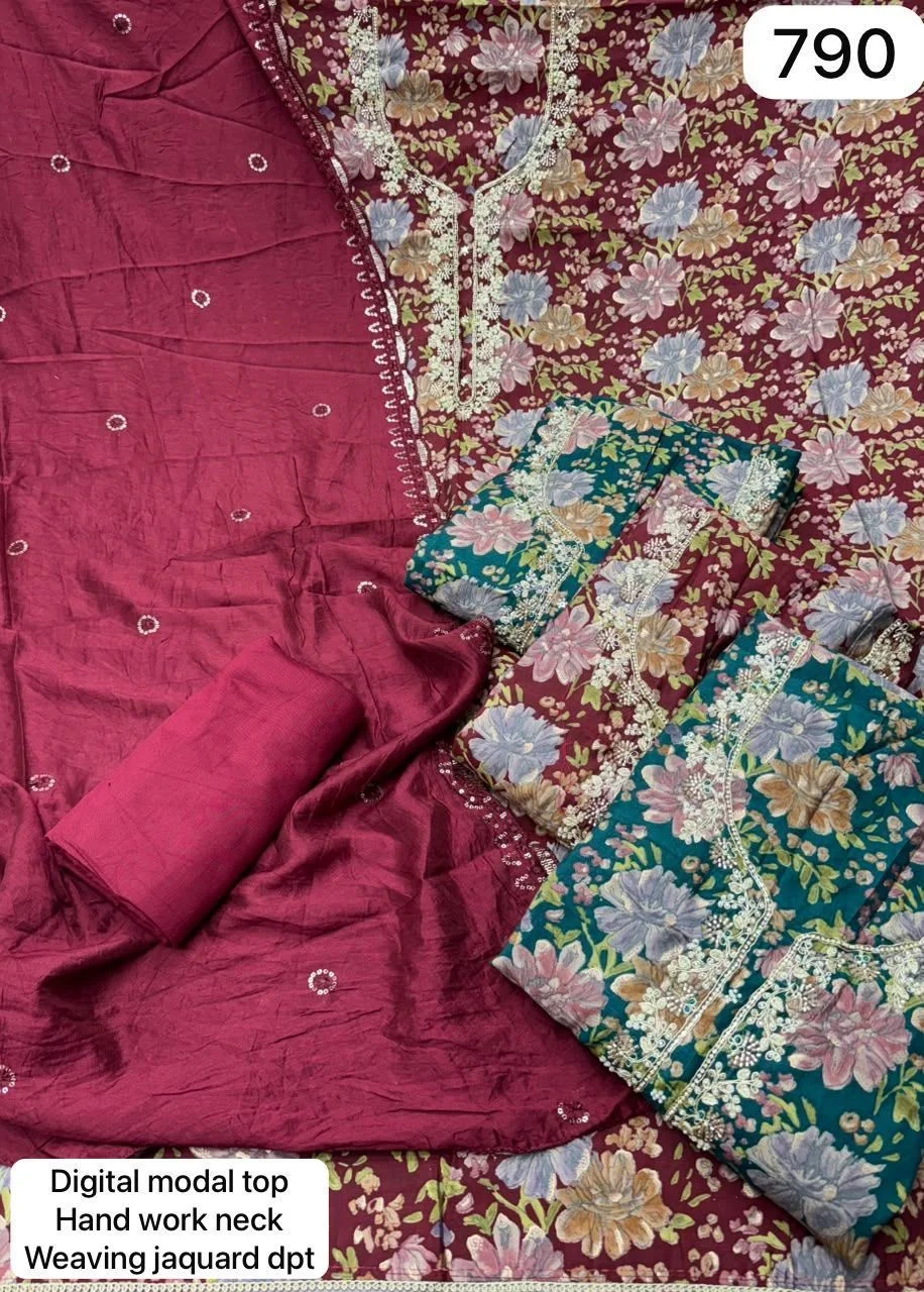 Digital modal top
Hand work neck
Weaving jacquard dpt(Rs.790 per piece: total 4 piece)