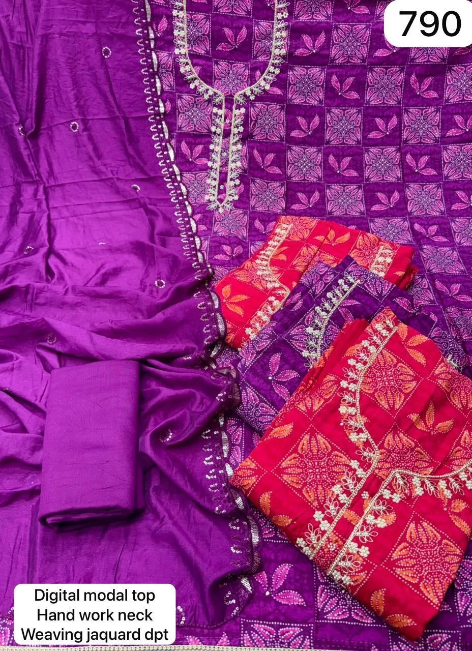 Digital modal top
Hand work neck
Weaving jacquard dpt(Rs.790 per piece: total 4 piece)
