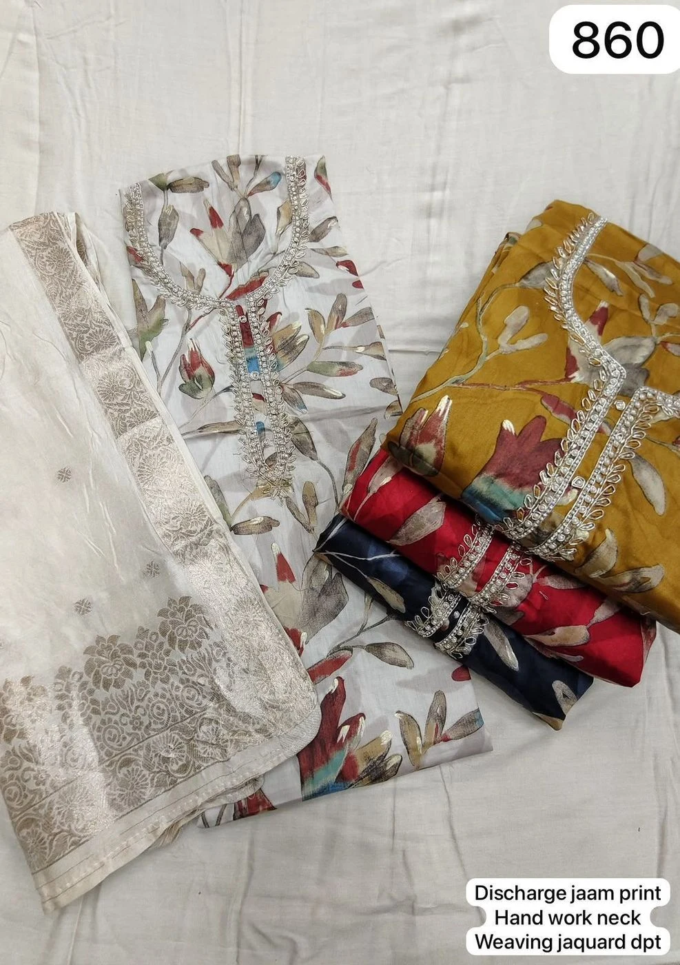 Discharge jaam print
Hand work neck
Weaving jacquard dpt(Rs.860 per piece: total 4 piece)