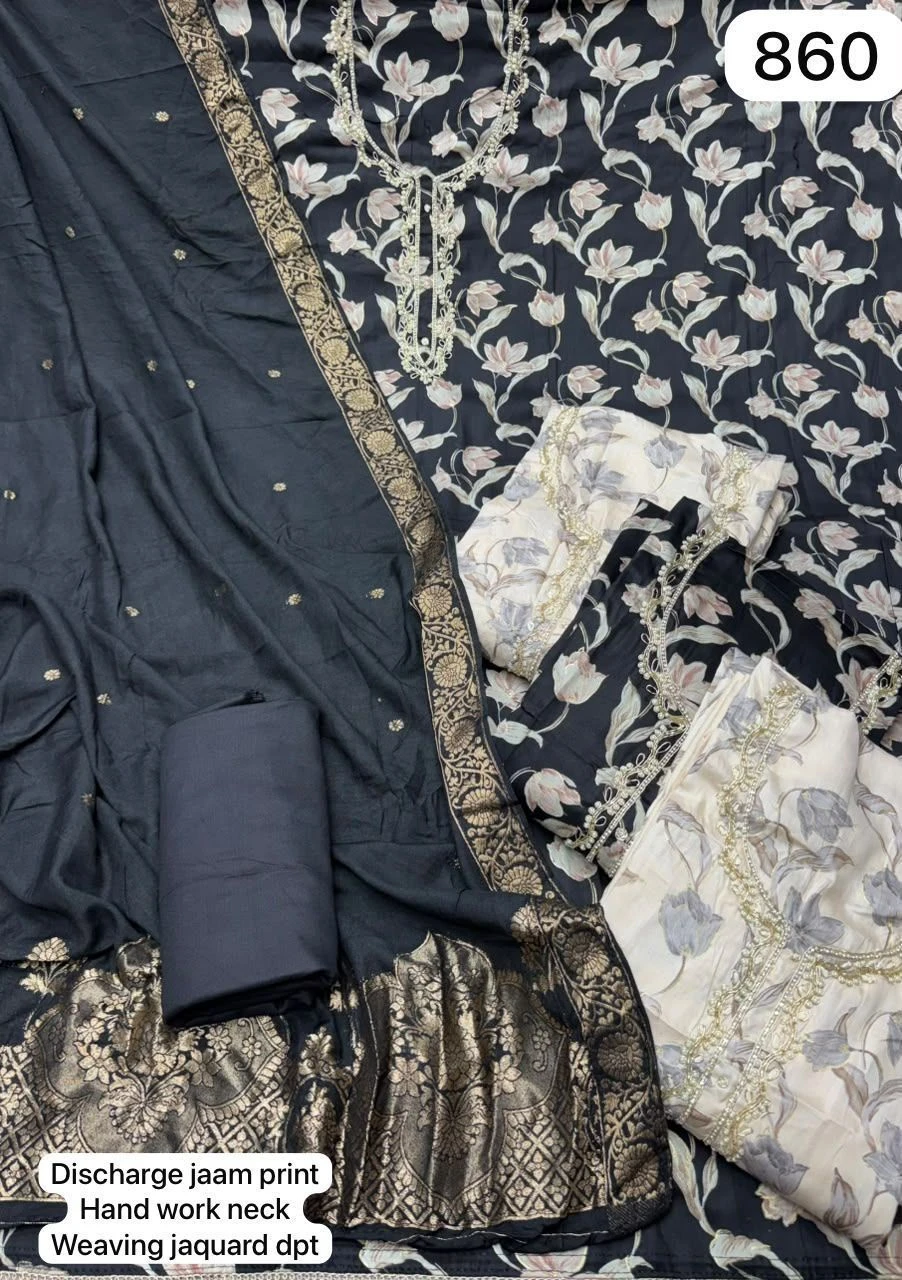 Discharge jaam print
Hand work neck
Weaving jacquard dpt(Rs.860 per piece: total 4 piece)