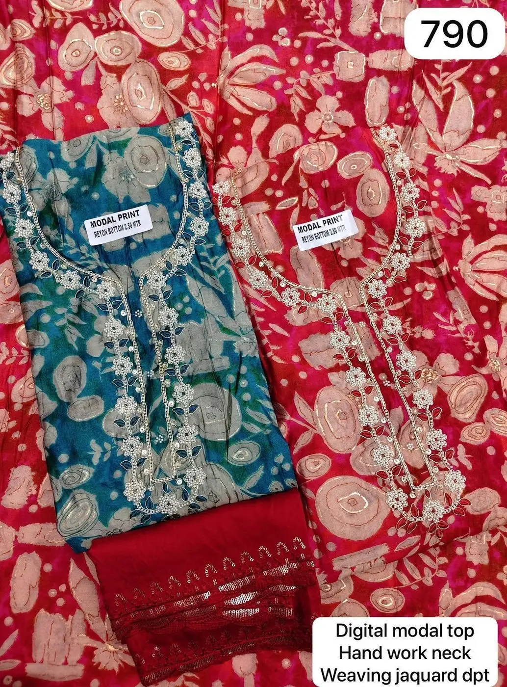 Digital modal top
Hand work neck
Weaving jacquard dpt(Rs.790 per piece: total 2 piece)